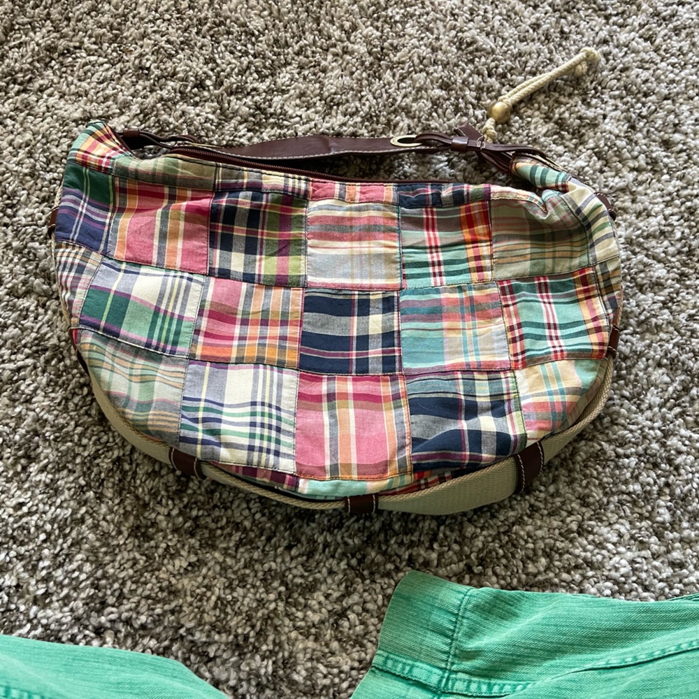 Tommy Hilfiger plaid canvas handbag with fun embellishment